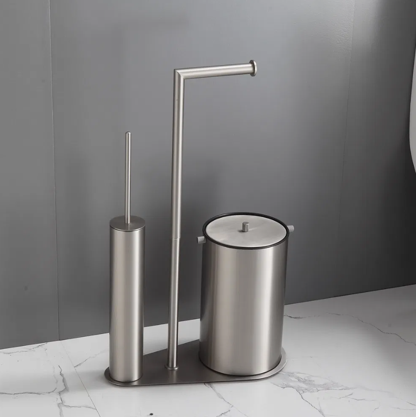 Stainless Steel Freestanding Toilet Paper Holder with Waste Bin & Toilet Brush