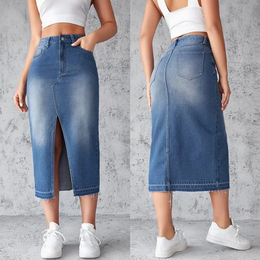 Women's Blue Denim A-Line Skirt – Retro Slit Design with Flattering Hourglass Silhouette