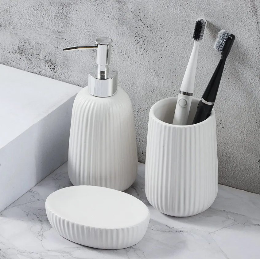 3-Piece White Ceramic Bathroom Accessories Set – Soap Dispenser, Holder & Storage Set