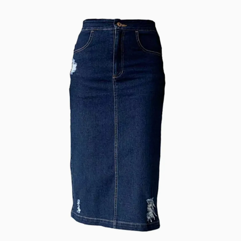 Women's Distressed Washed Denim Skirt – Slim-Fit Zipper Front Jeans Skirt