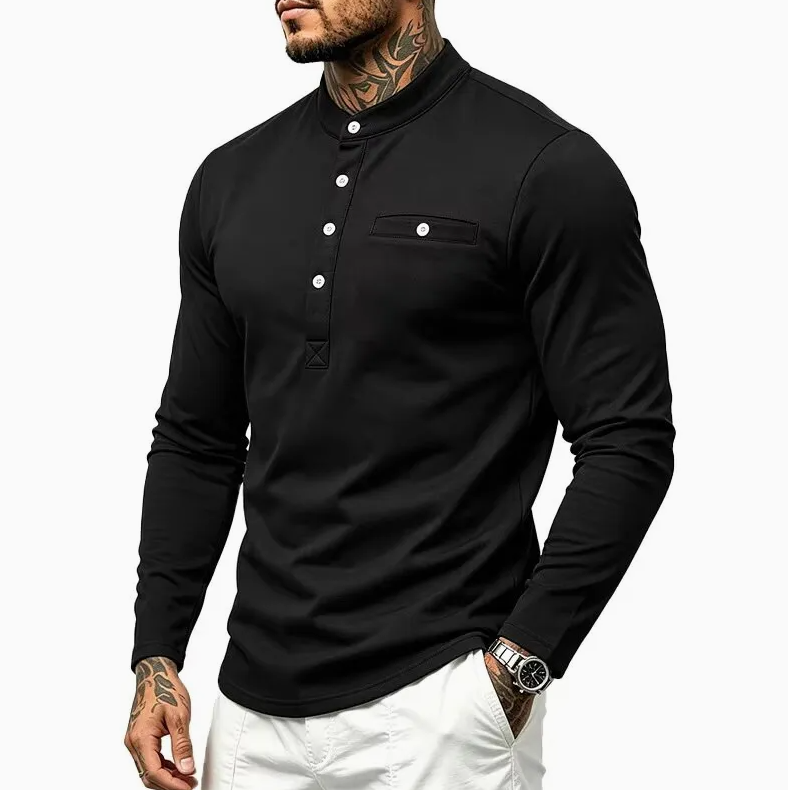 Men's Mandarin Collar Half-Button Henley Long Sleeve Shirt with Chest Pocket