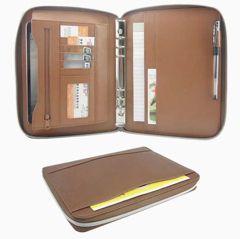 A5 PU Leather Zippered Ring Binder Organizer – Embossed Logo Document Storage